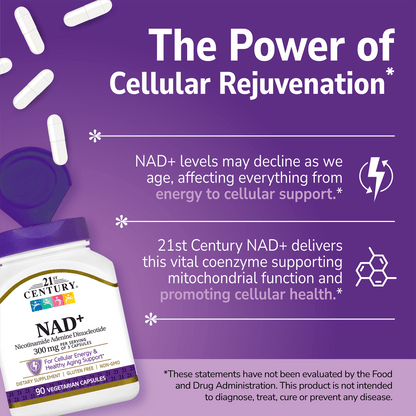 21st Century NAD+ supplement bottle with pills spilling out and white text on a purple background