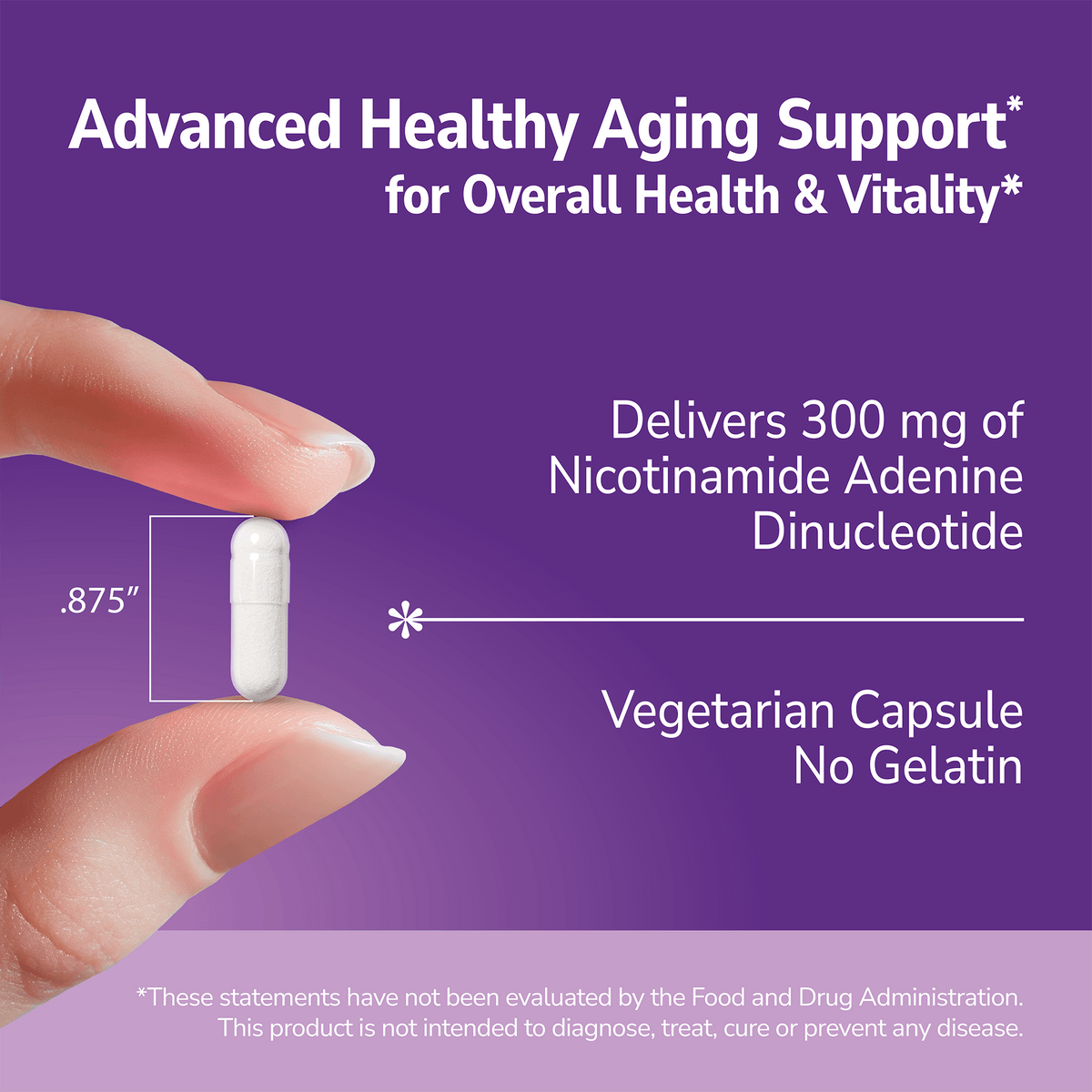 Hand holding a NAD+ supplement with text about product benefits on a purple background