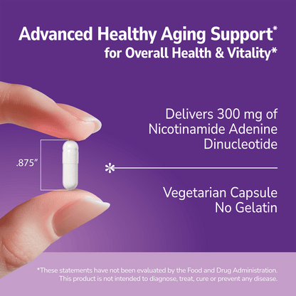 Hand holding a NAD+ supplement with text about product benefits on a purple background