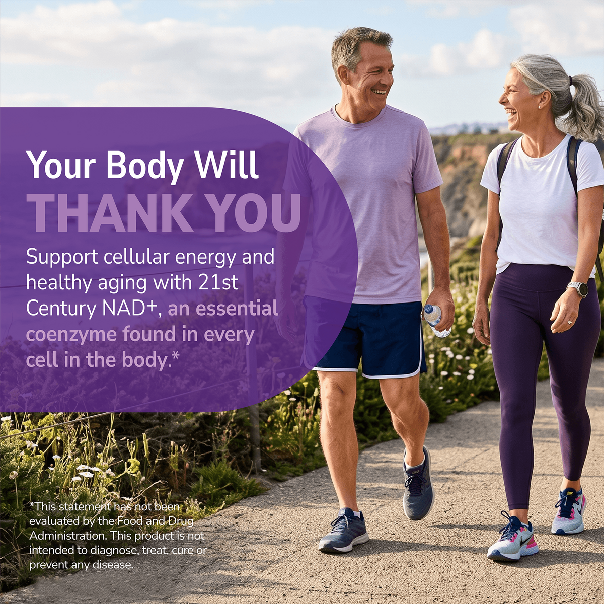 Couple walking on a beach with health supplement information overlay