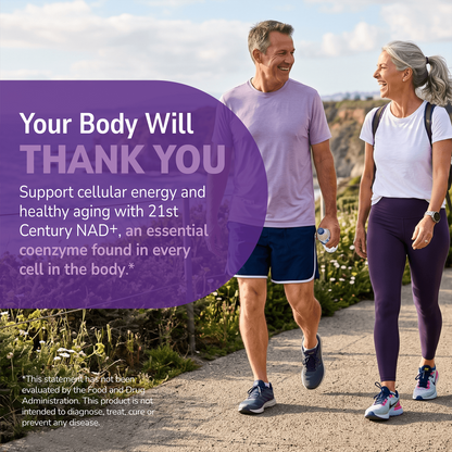 Couple walking on a beach with health supplement information overlay