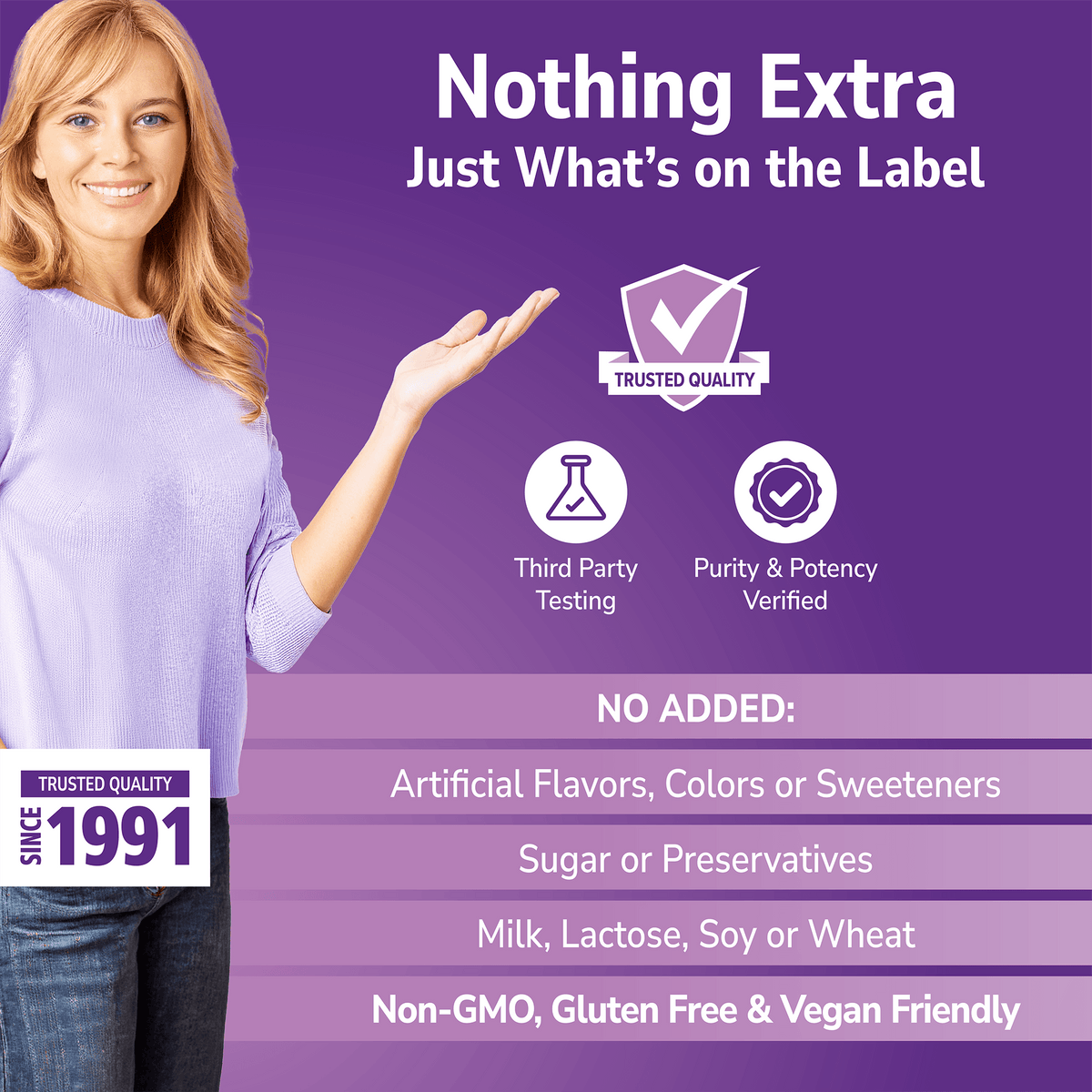 Woman holding her hand out with Nothing Extra Ingredients branding on a purple background and No Added info