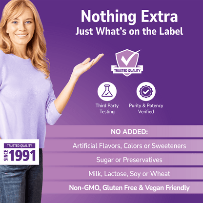 Woman holding her hand out with Nothing Extra Ingredients branding on a purple background and No Added info