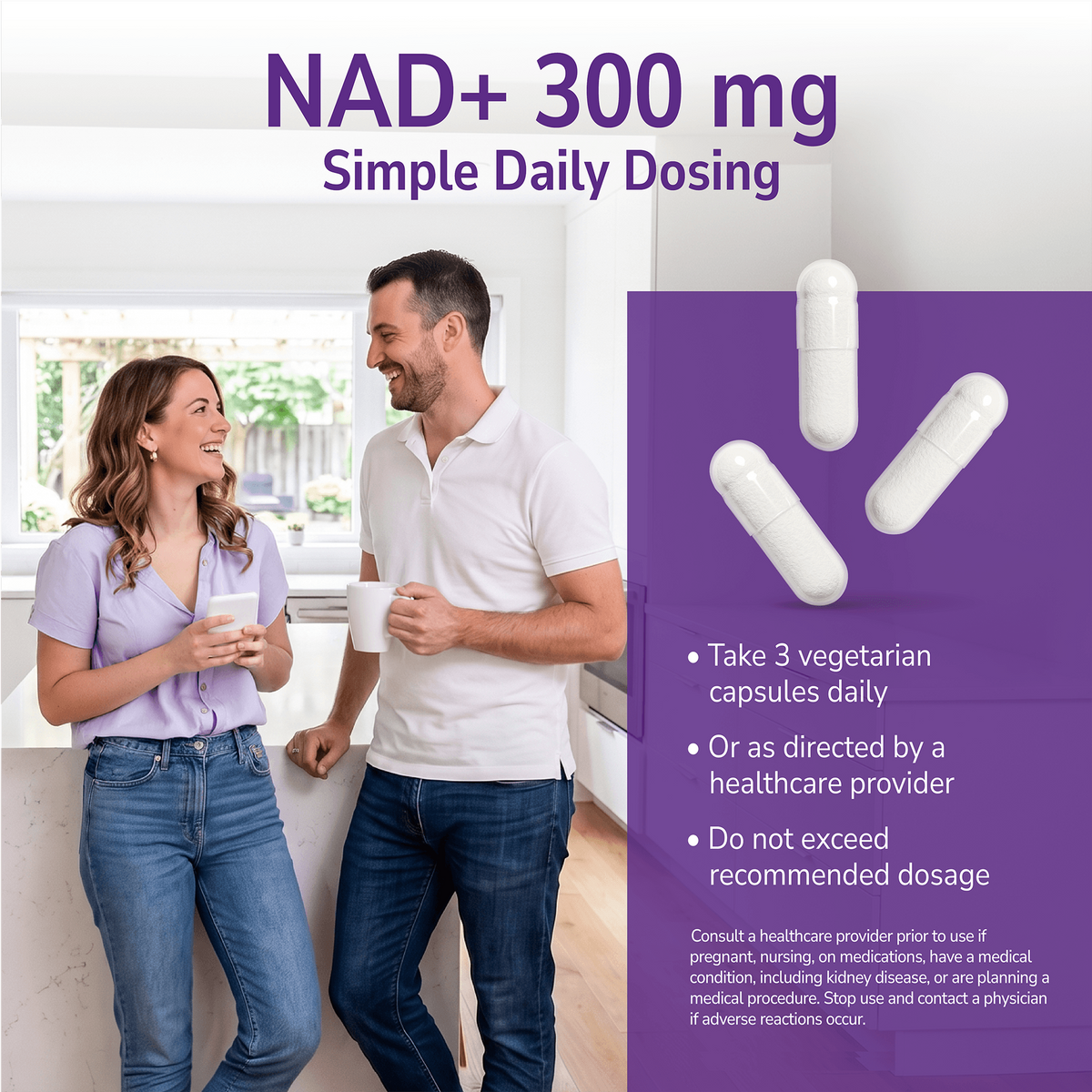 Man and woman smiling indoors with a product advertisement overlay and product directions