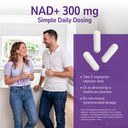 Man and woman smiling indoors with a product advertisement overlay and product directions