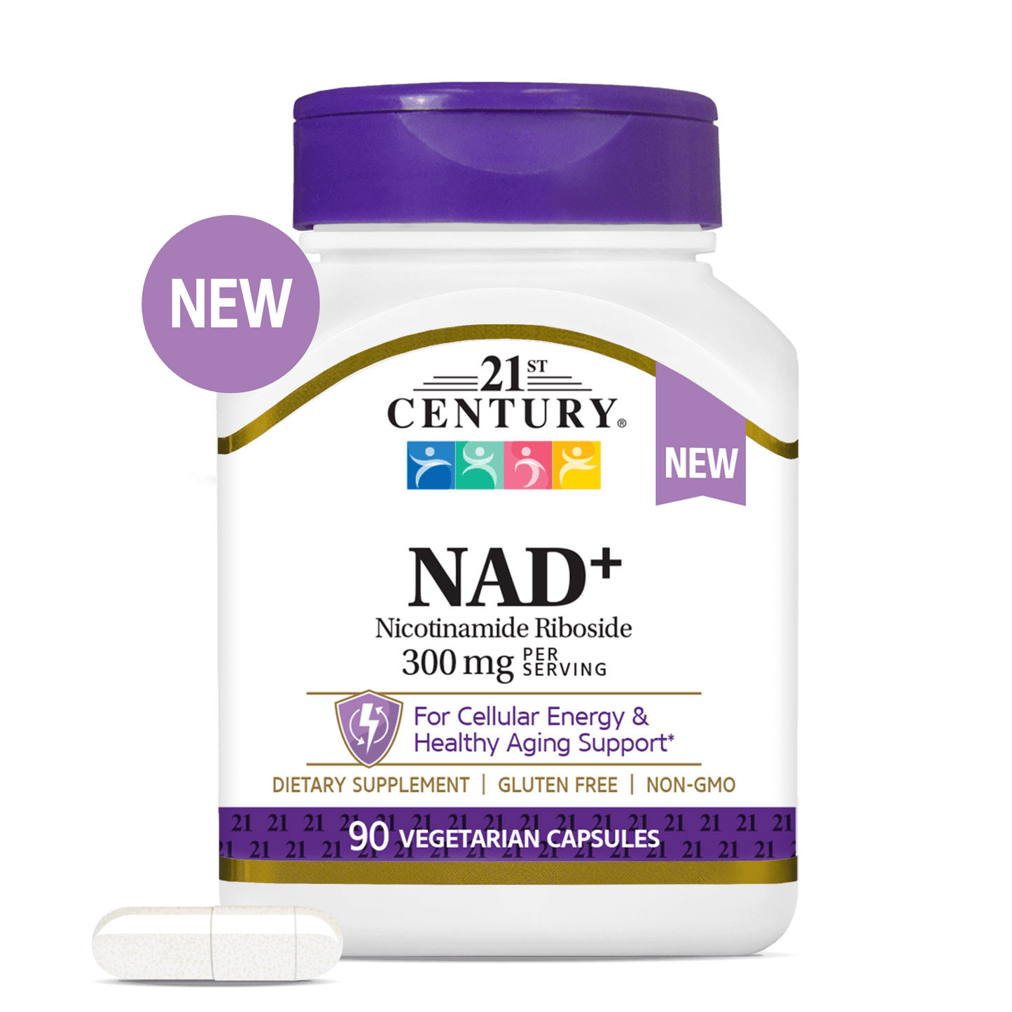 21st Century NAD supplement bottle with a purple cap on a white background