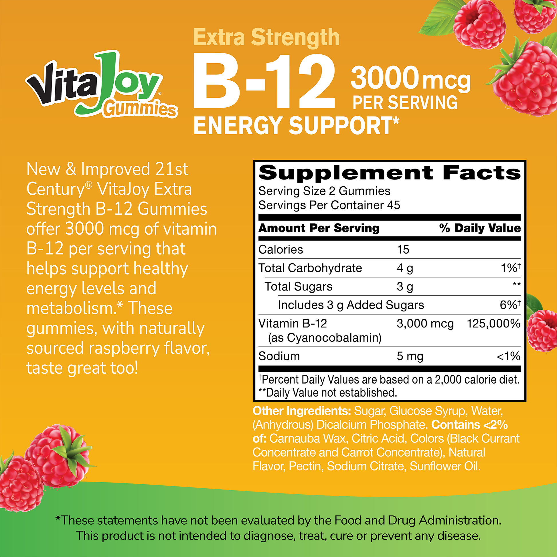 Supplement label for VitaJoy B-12 Gummies with ingredient list and serving size on a gold background