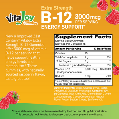 Supplement label for VitaJoy B-12 Gummies with ingredient list and serving size on a gold background
