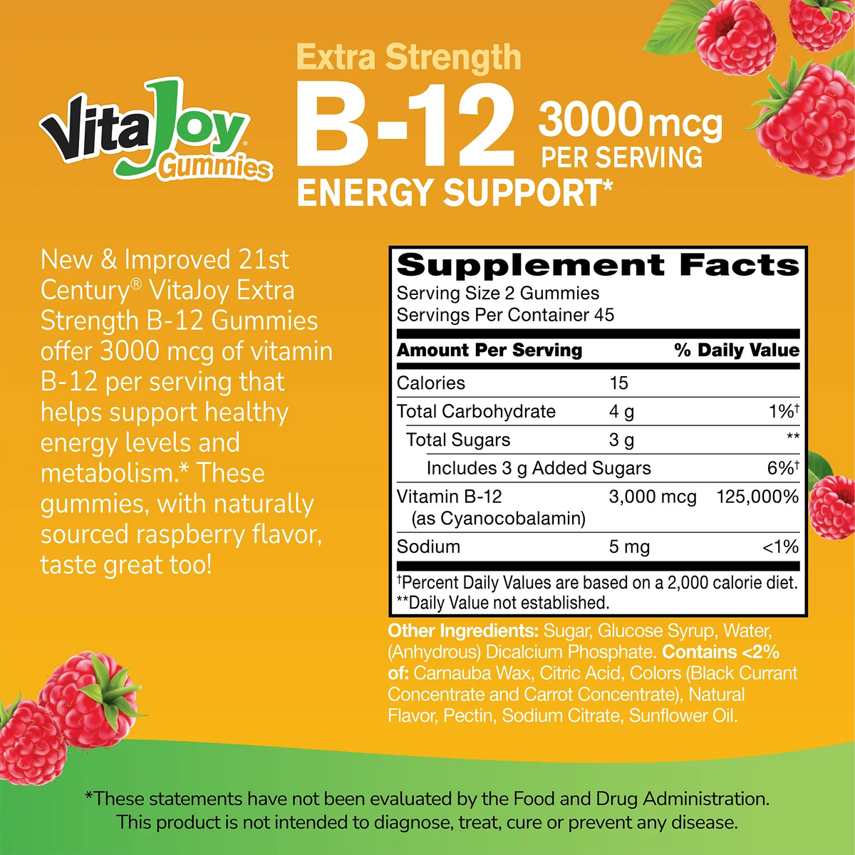 Supplement label for VitaJoy B-12 Gummies with ingredient list and serving size on a gold background 