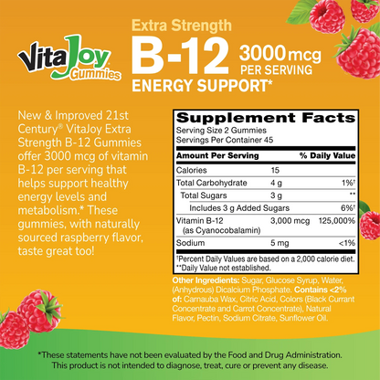 Supplement label for VitaJoy B-12 Gummies with ingredient list and serving size on a gold background 