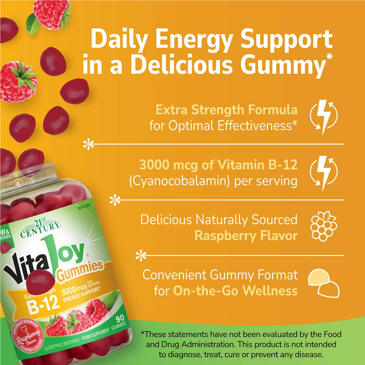 21st Century VitaJoy B-12 Gummies bottle with gummies spilling out and white text on a gold background