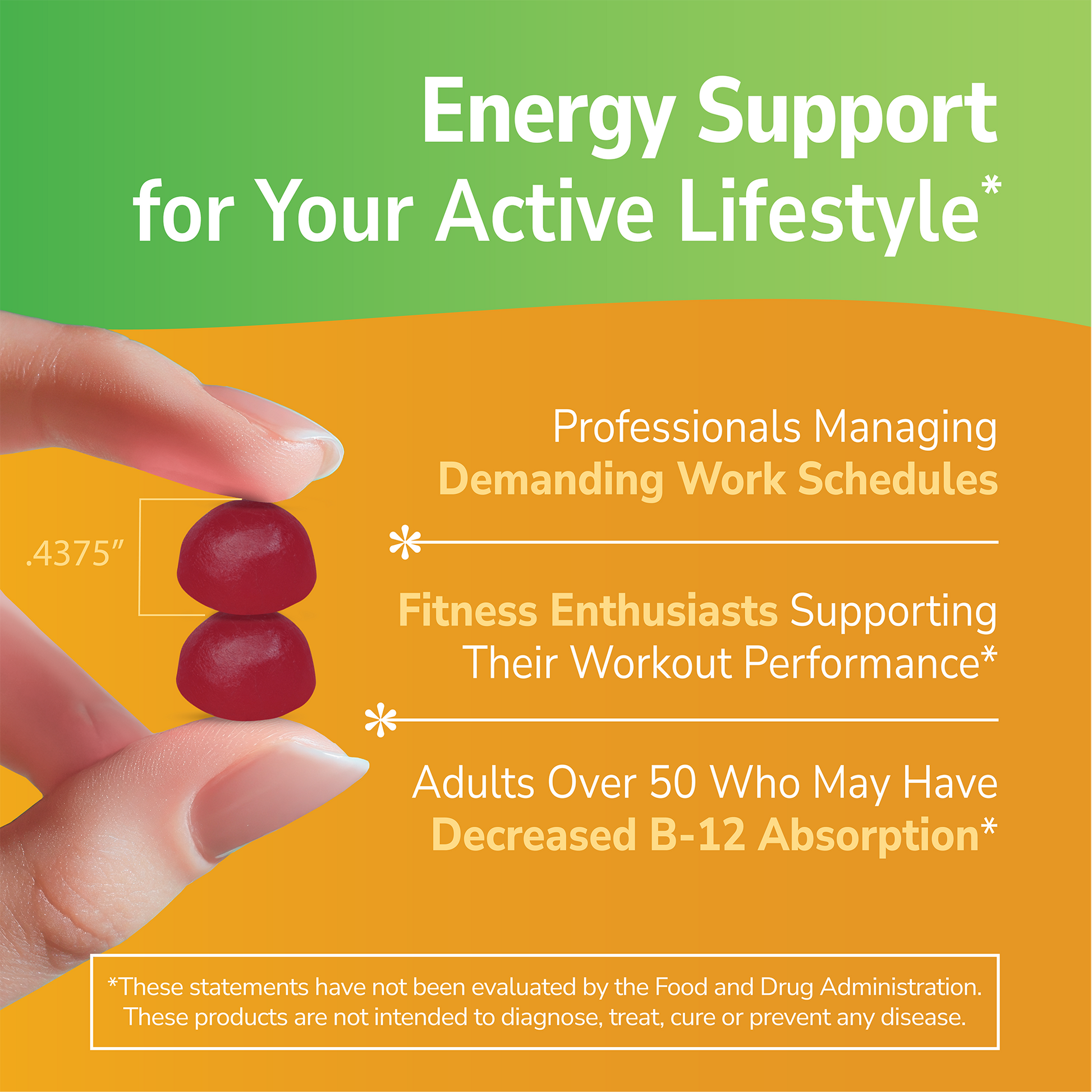 Hand holding VitaJoy B-12 Gummies with text about product benefits on a gold background