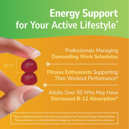 Hand holding two VitaJoy B-12 Gummies with text about product benefits on a gold background