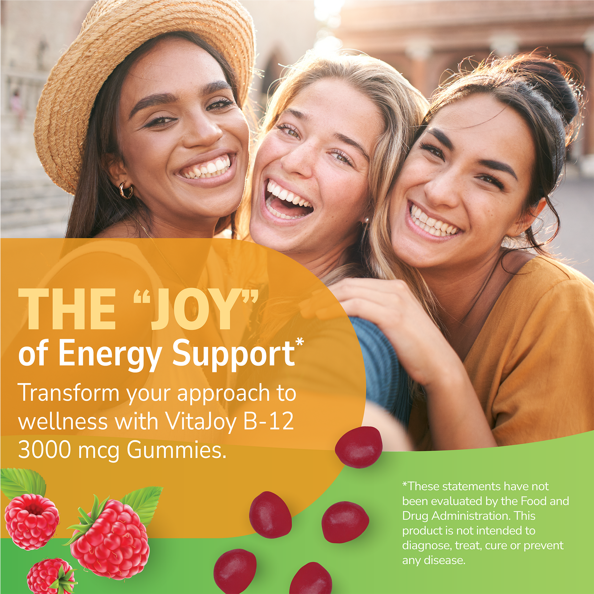 Three happy young woman with health supplement information overlay