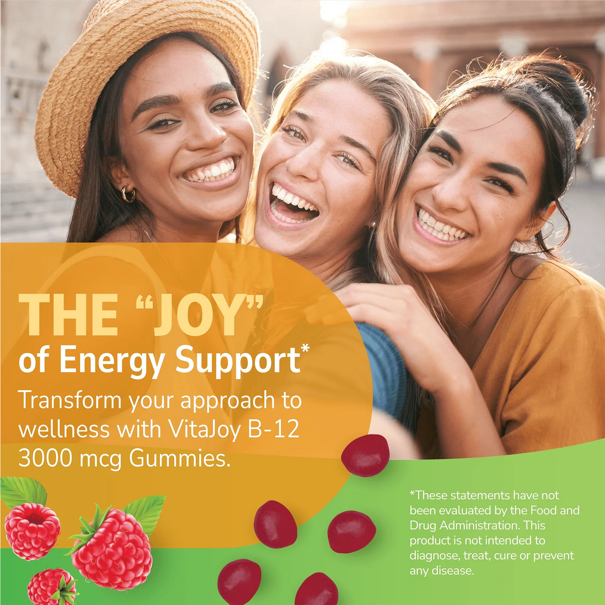 Three happy young woman with health supplement information overlay