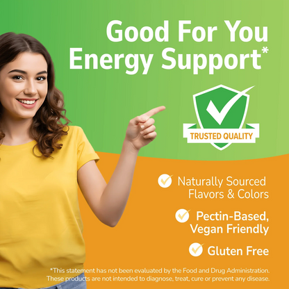 Woman holding her hand out with Good For You branding on a green and gold background and No Added info