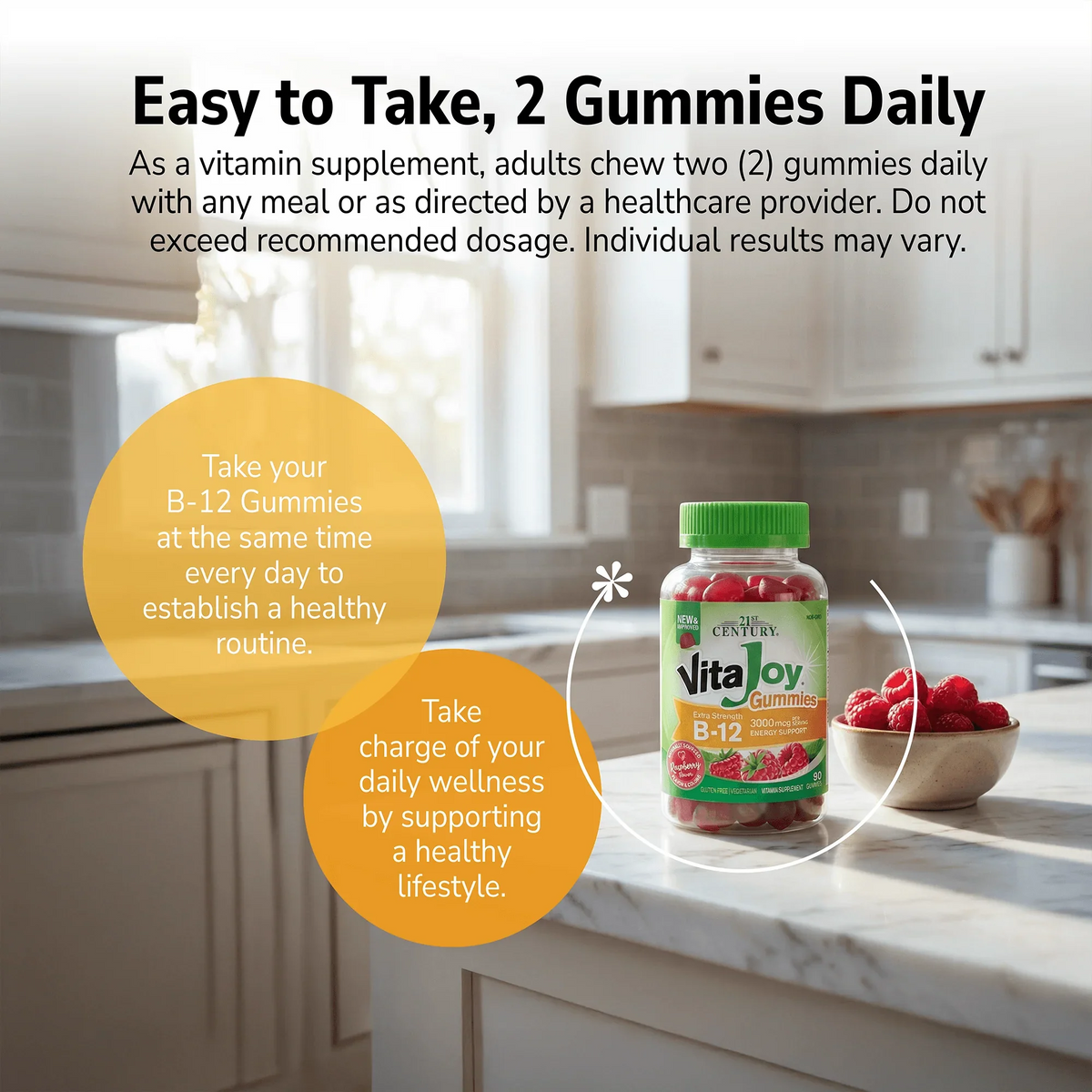 VitaJoy B-12 gummy bottle on a kitchen counter with a product advertisement overlay and product directions