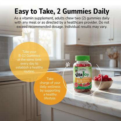 VitaJoy B-12 gummy bottle on a kitchen counter with a product advertisement overlay and product directions