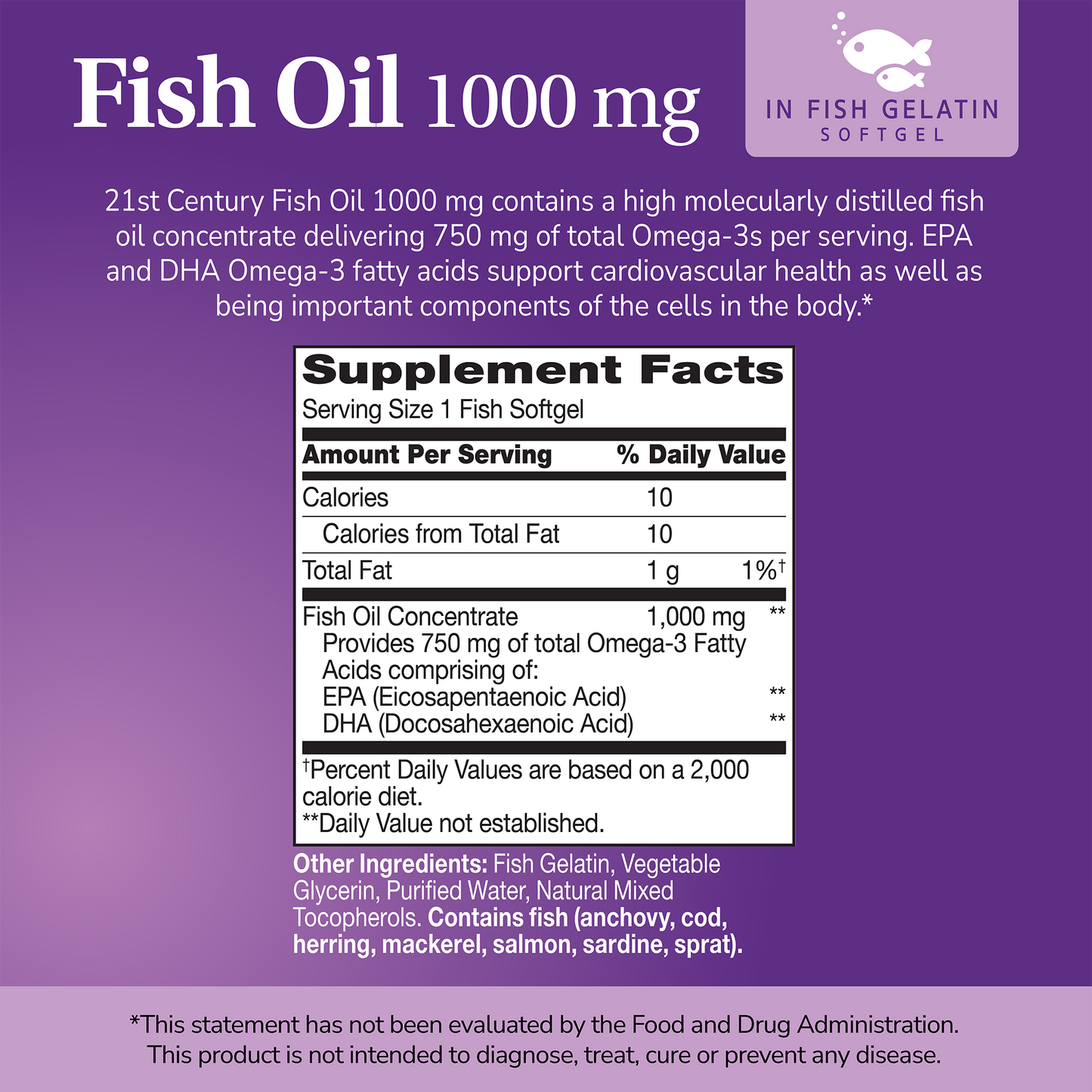 Supplement label for Fish Oil in Gelatin 1000mg with ingredient list and serving size on a purple background