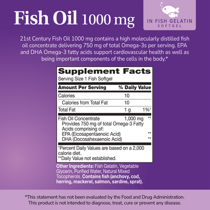 Supplement label for Fish Oil in Gelatin 1000mg with ingredient list and serving size on a purple background