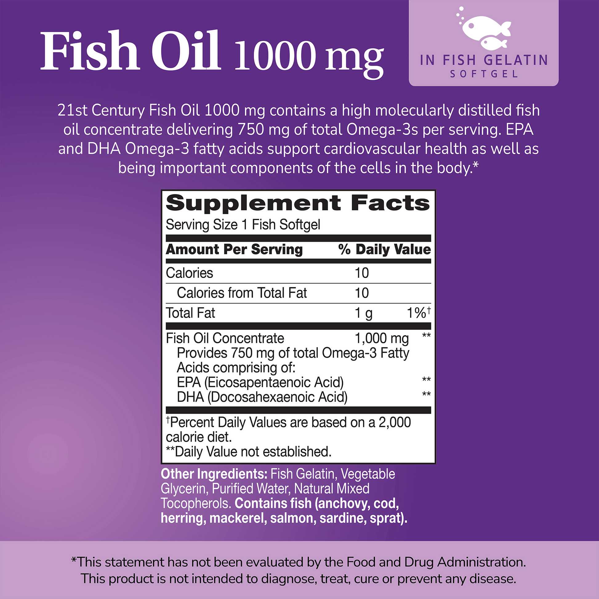 Supplement label for Fish Oil Gelatin with ingredient list and serving size on a purple background 