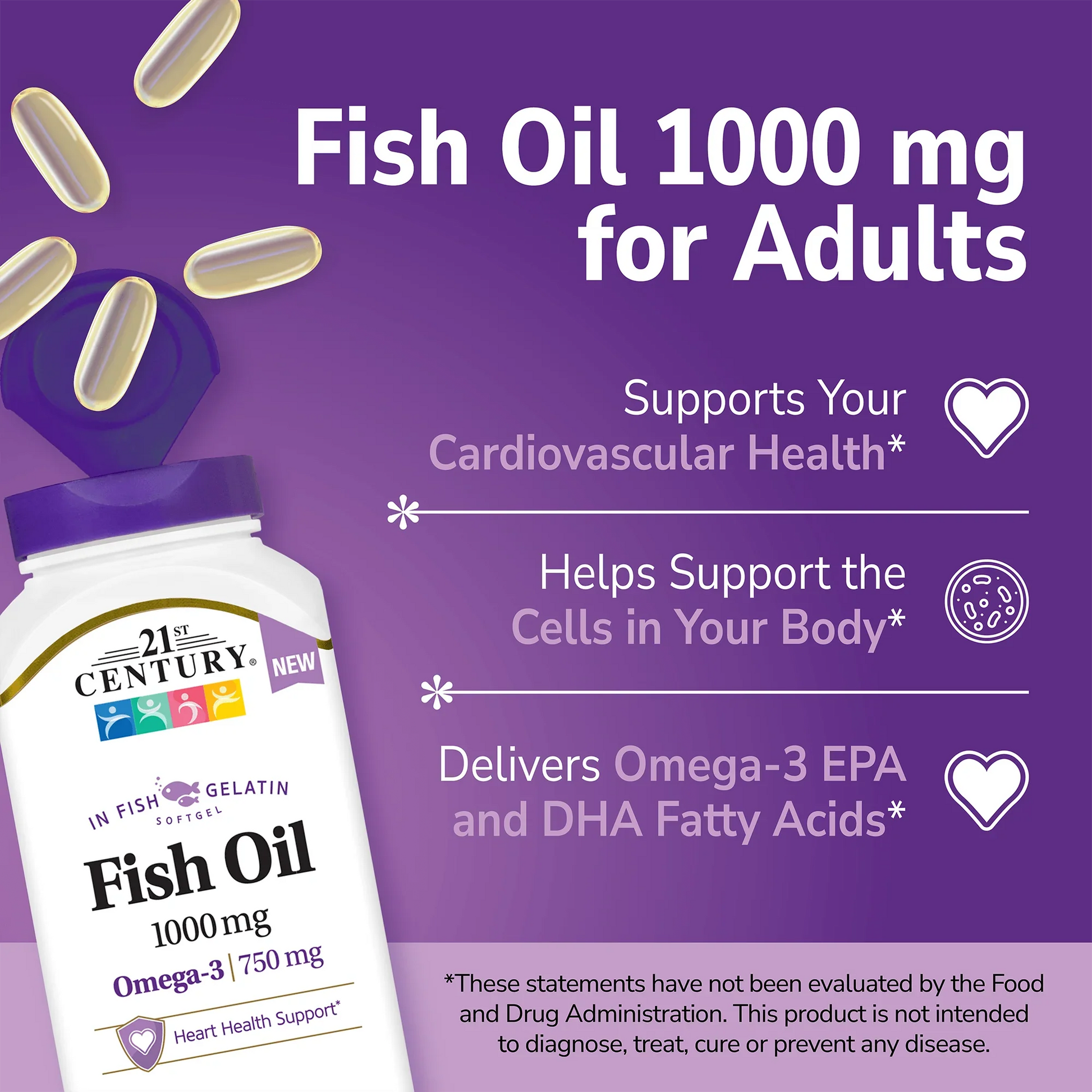 21st Century Fish Oil Gelatin supplement bottle with pills spilling out and white text on a purple background