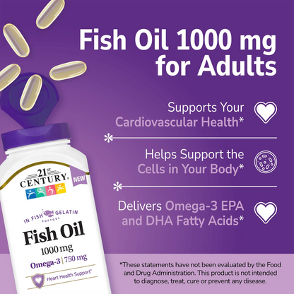 21st Century Fish Oil Gelatin supplement bottle with pills spilling out and white text on a purple background