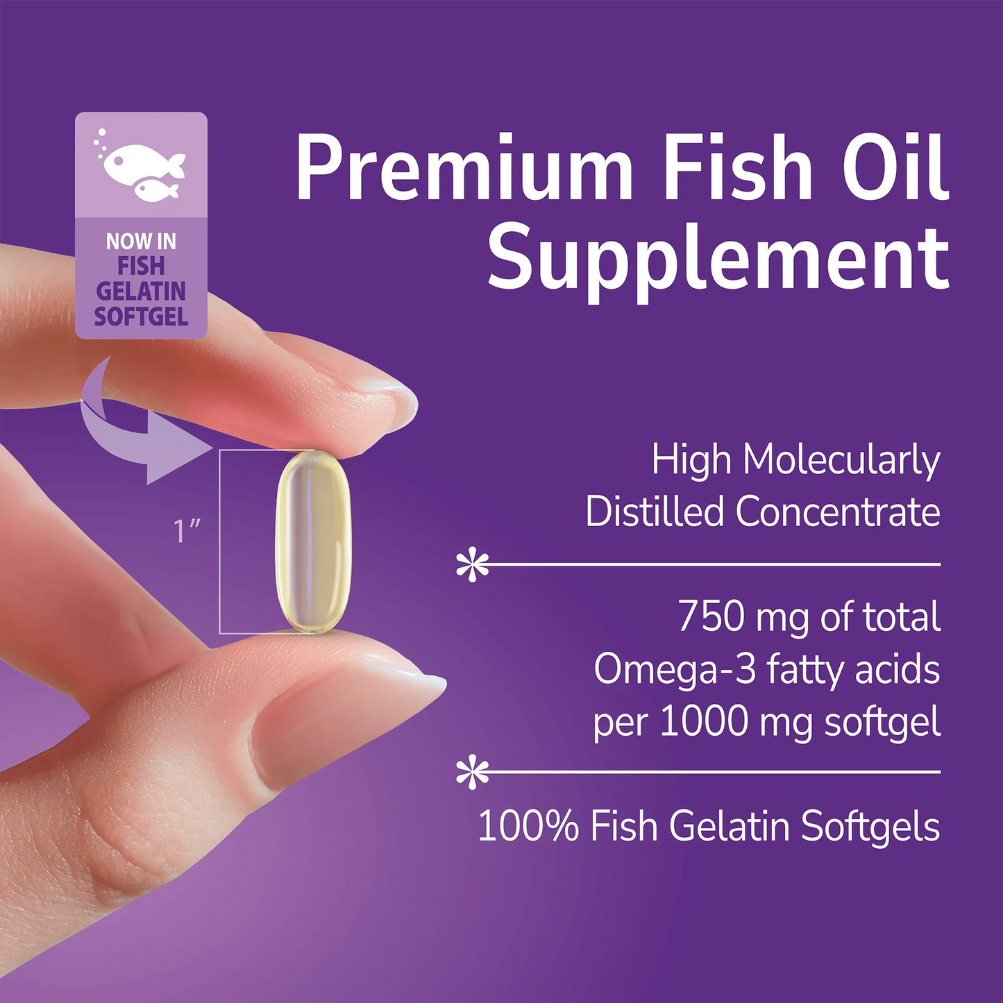 Hand holding a Fish Oil Gelatin supplement with text about product benefits on a purple background
