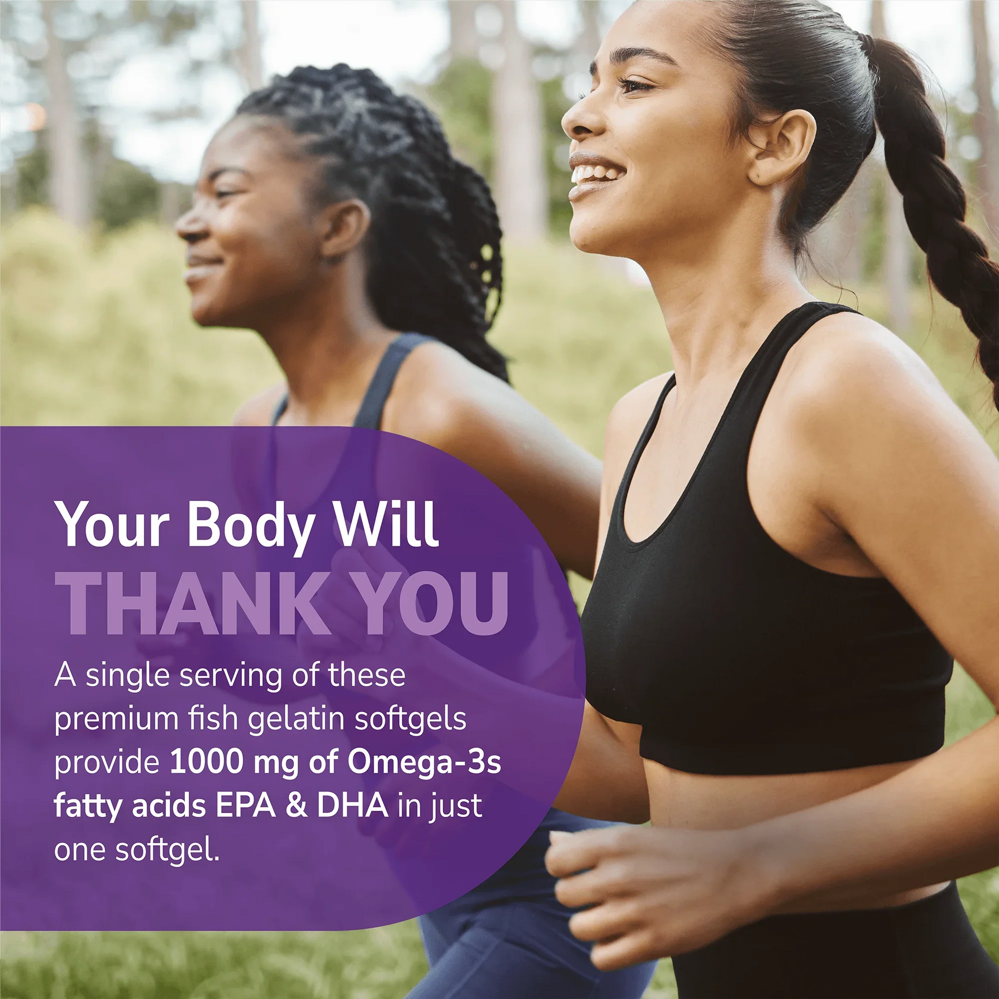Women running outside with health supplement information overlay