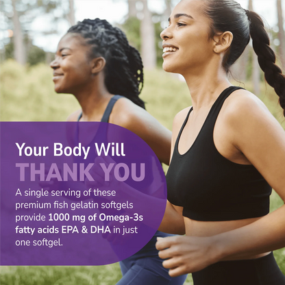Women running outside with health supplement information overlay