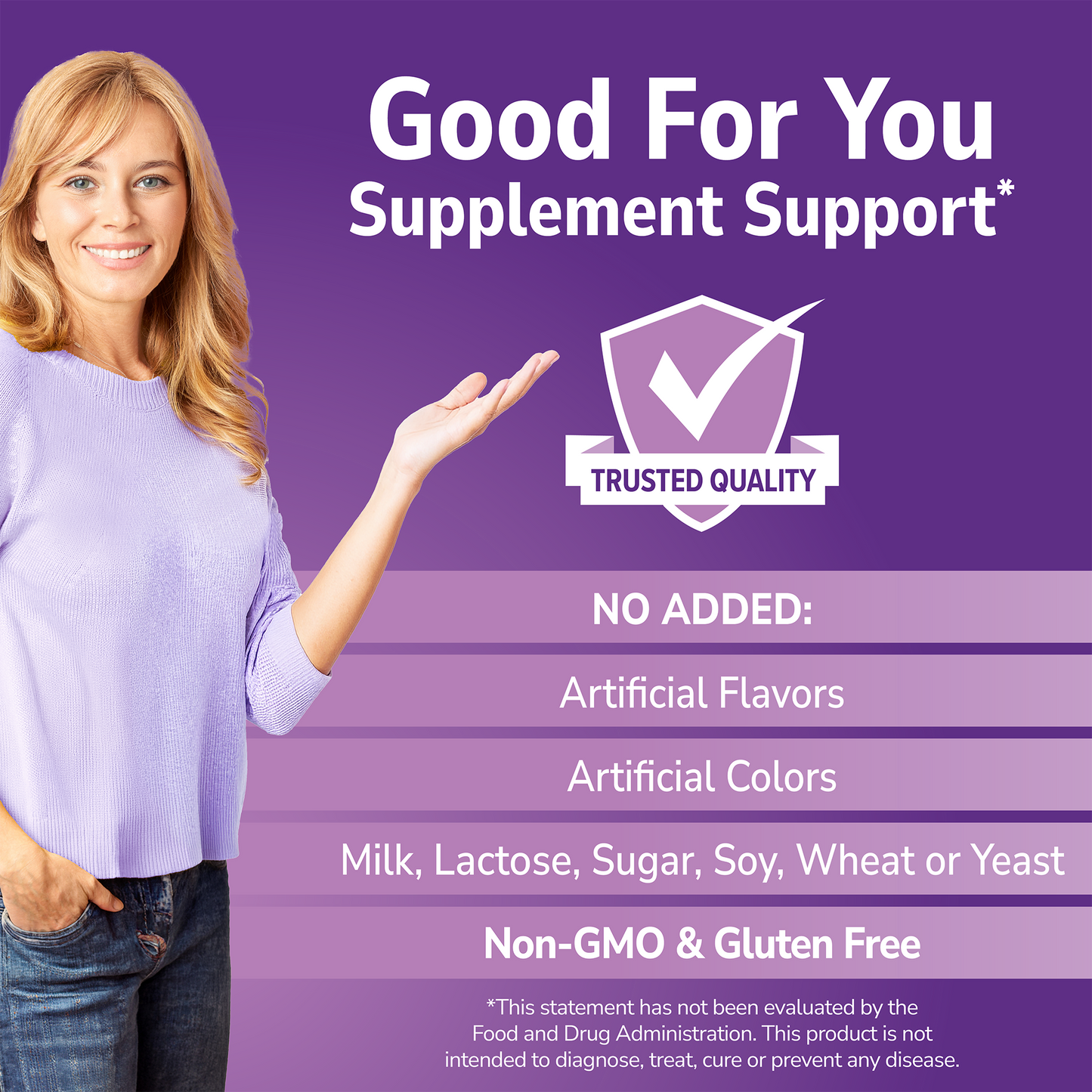Woman holding her hand out with 'Good For You' branding on a purple background