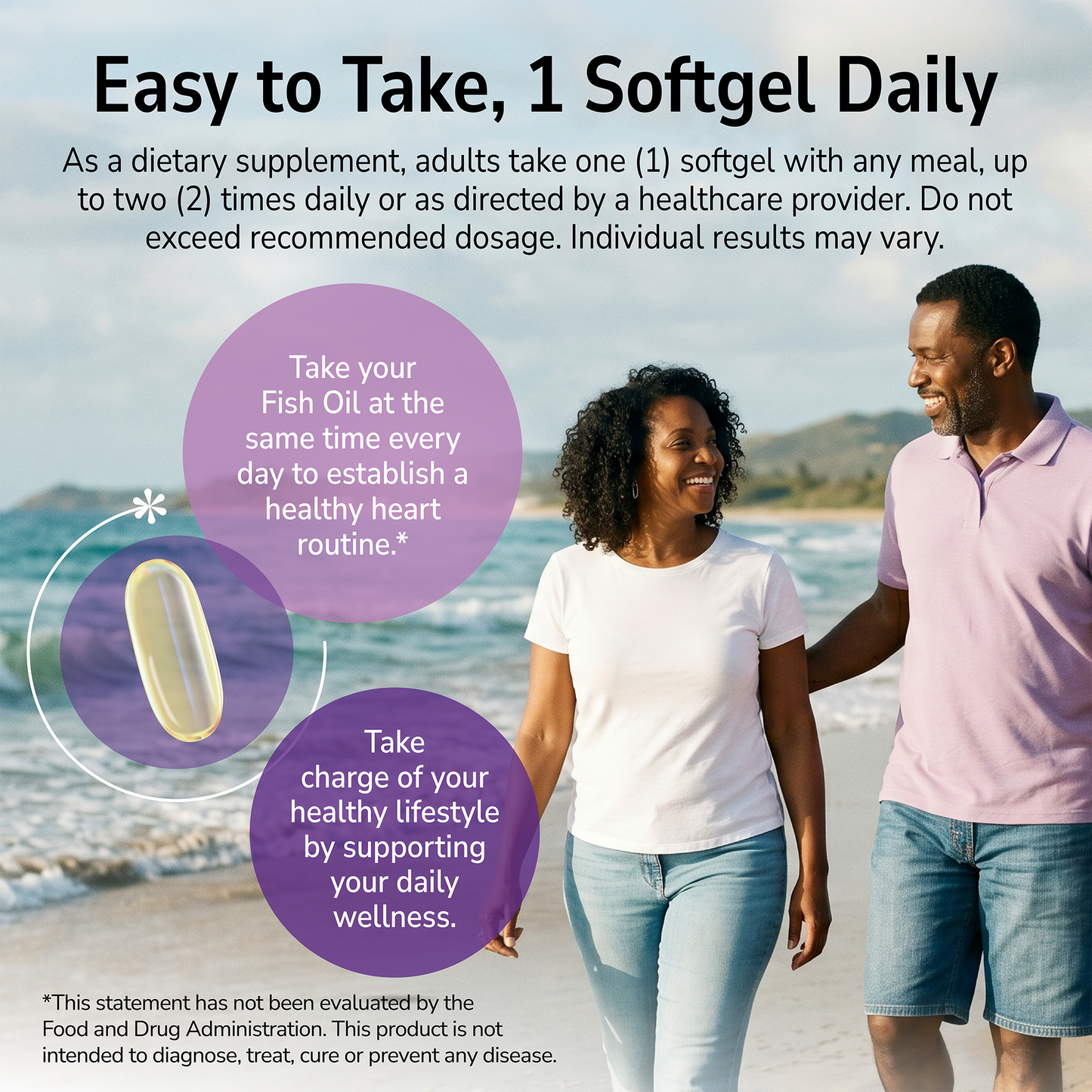 Man and woman walking on a beach with a product advertisement overlay and product directions
