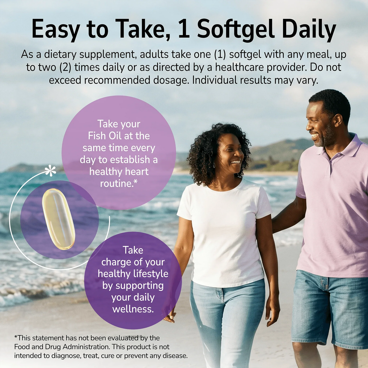 Man and woman smiling while walking along the beach with a product advertisement overlay and product directions