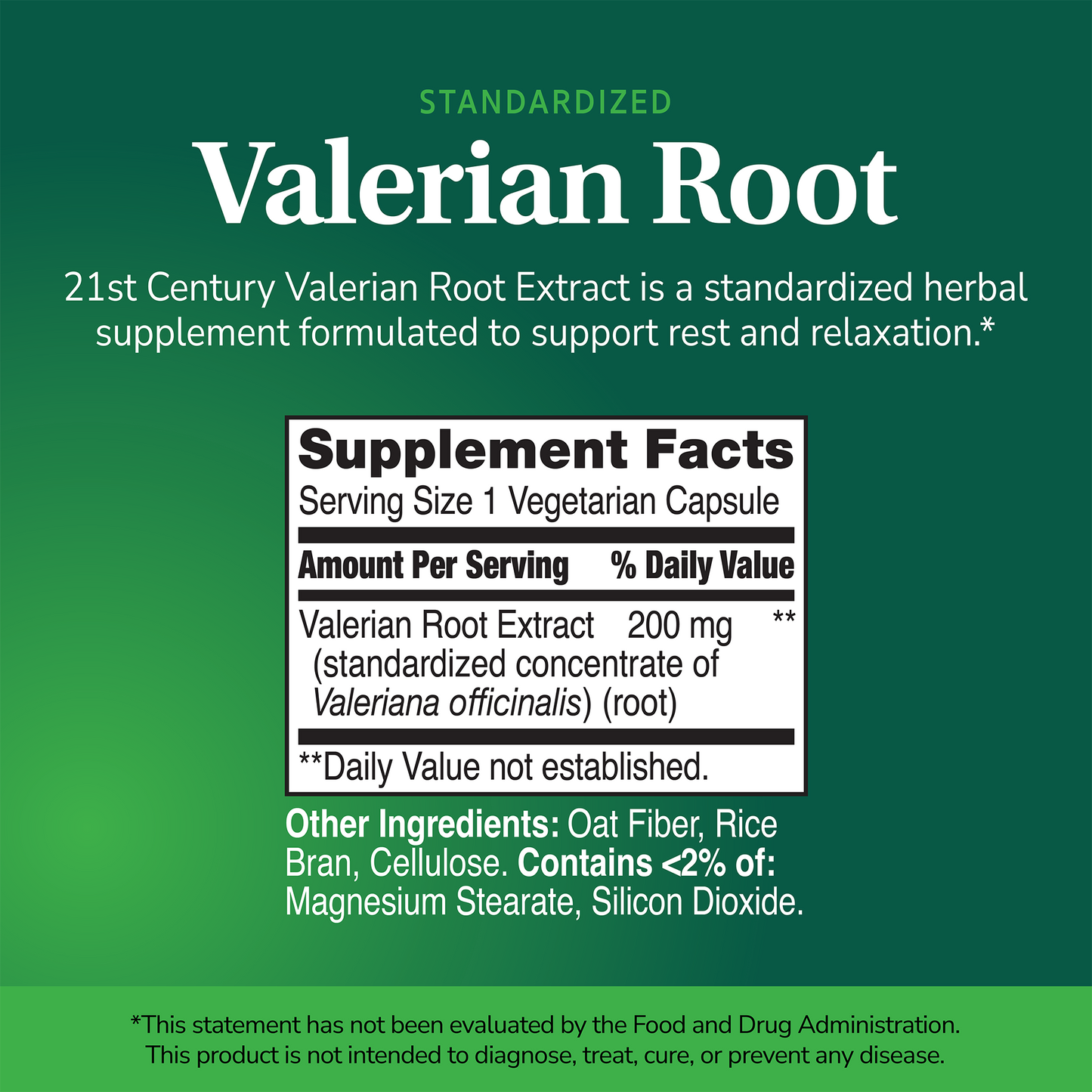 Supplement label for Valerian Root with ingredient list and serving size on a green background