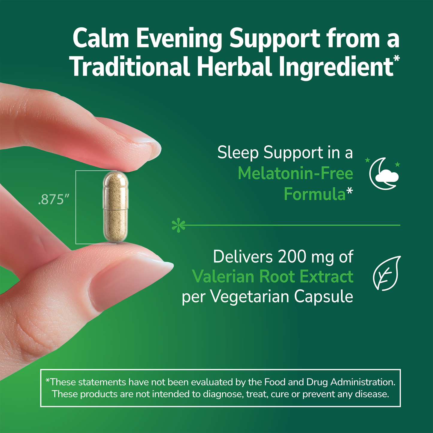 Hand holding a Valerian Root Extract supplement with text about product benefits on a green background