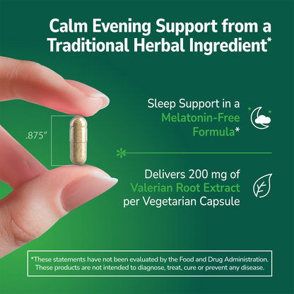 Hand holding a Valerian Root Extract supplement with text about product benefits on a green background