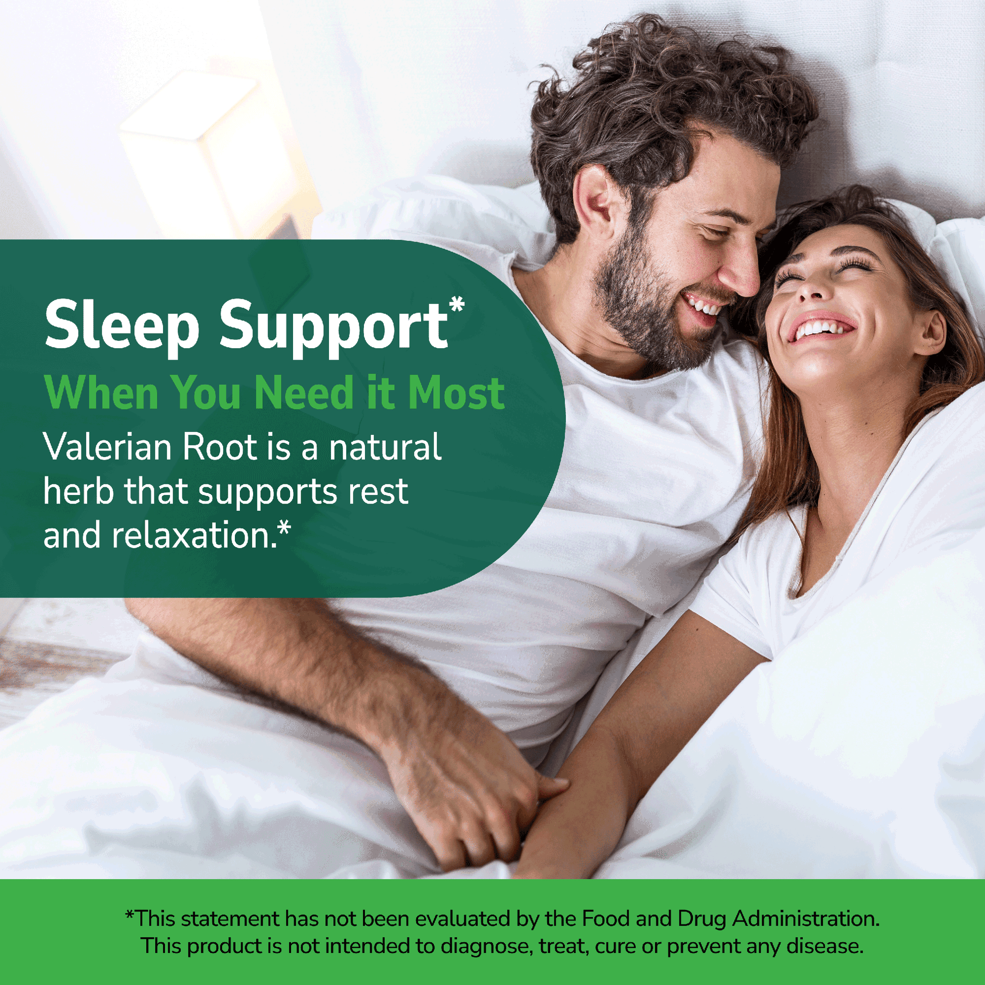 Couple laying in bed with health supplement information overlay