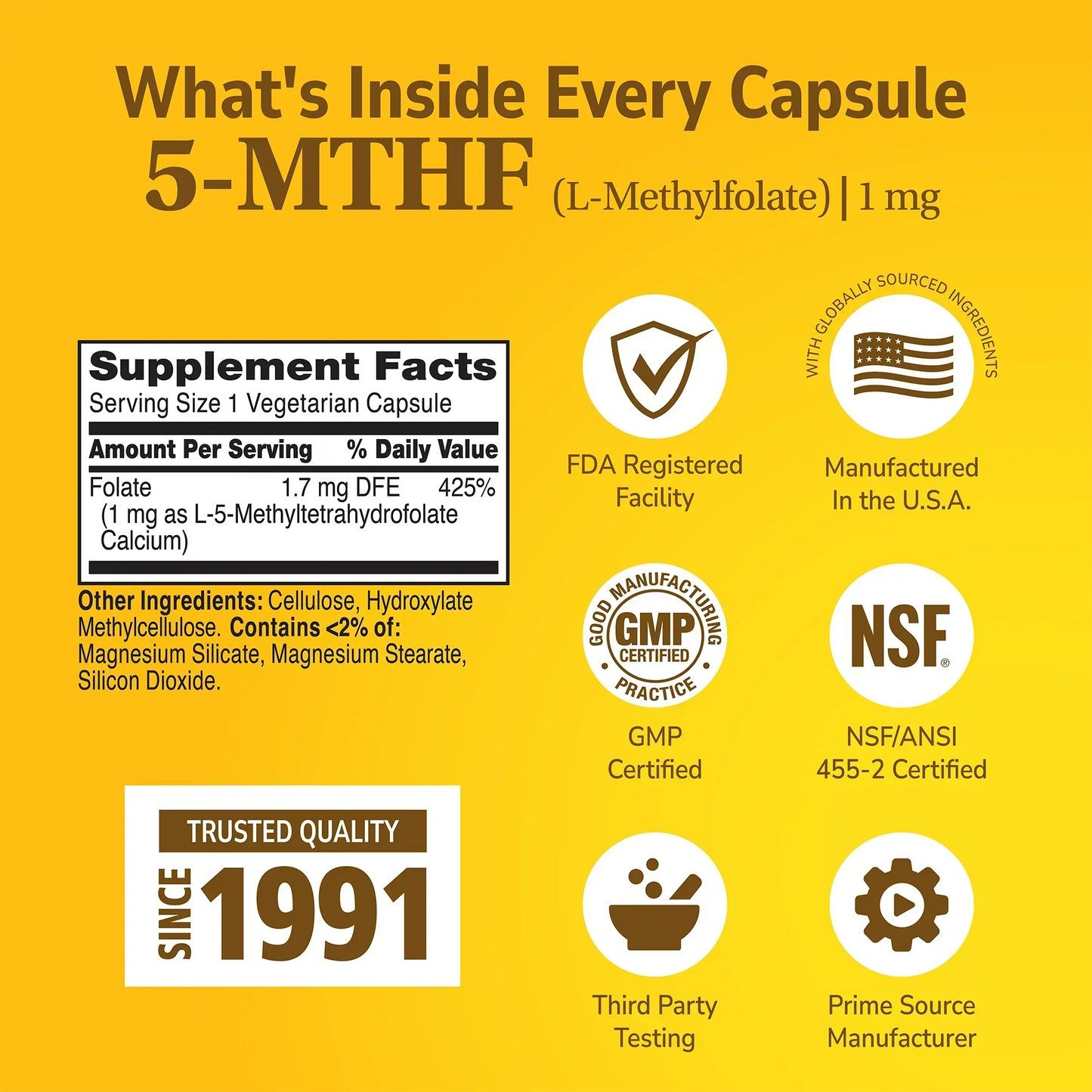 5-MTHF supplement facts, FDA registered, NSF certified, made in USA, trusted quality since 1991