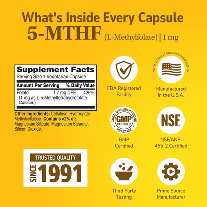 5-MTHF supplement facts, FDA registered, NSF certified, made in USA, trusted quality since 1991