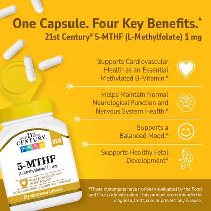 21st Century 5-MTHF bottle with pills spilling out and white text on a gold background