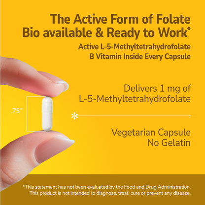 Hand holding a 5-MTHF supplement with text about product benefits on a gold background
