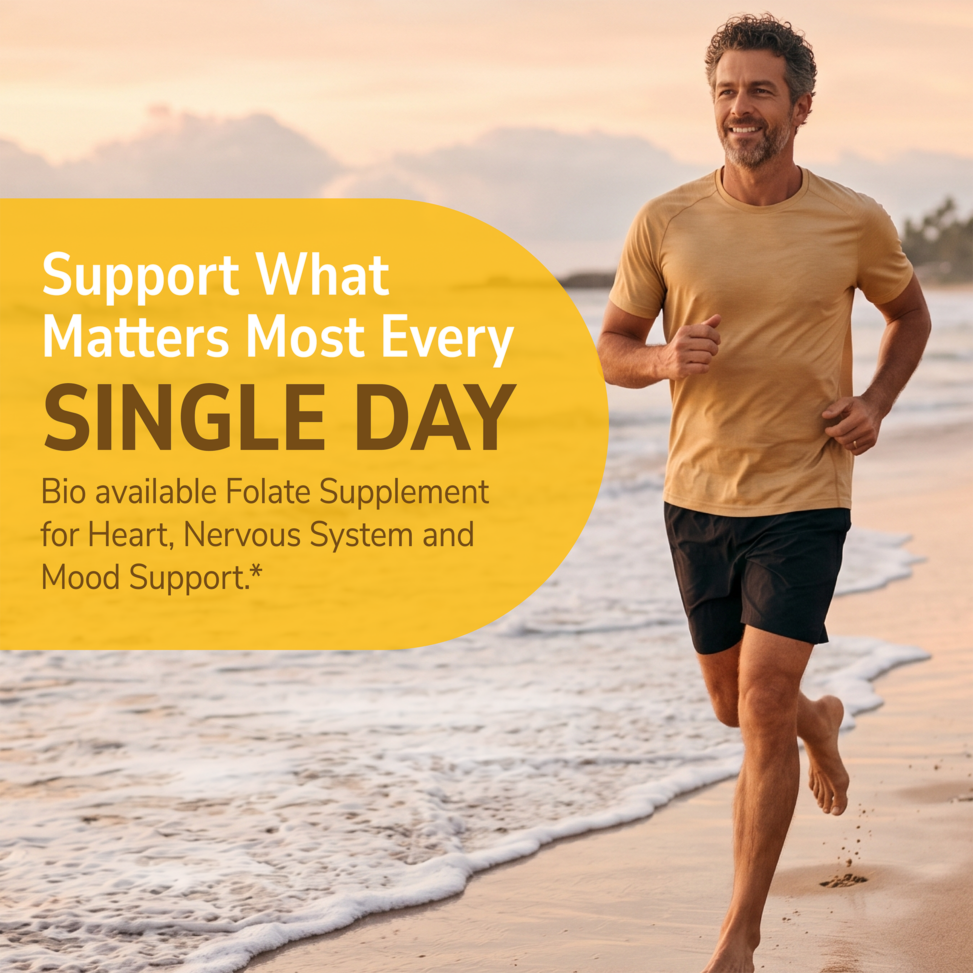 Man running on a beach with health supplement information overlay