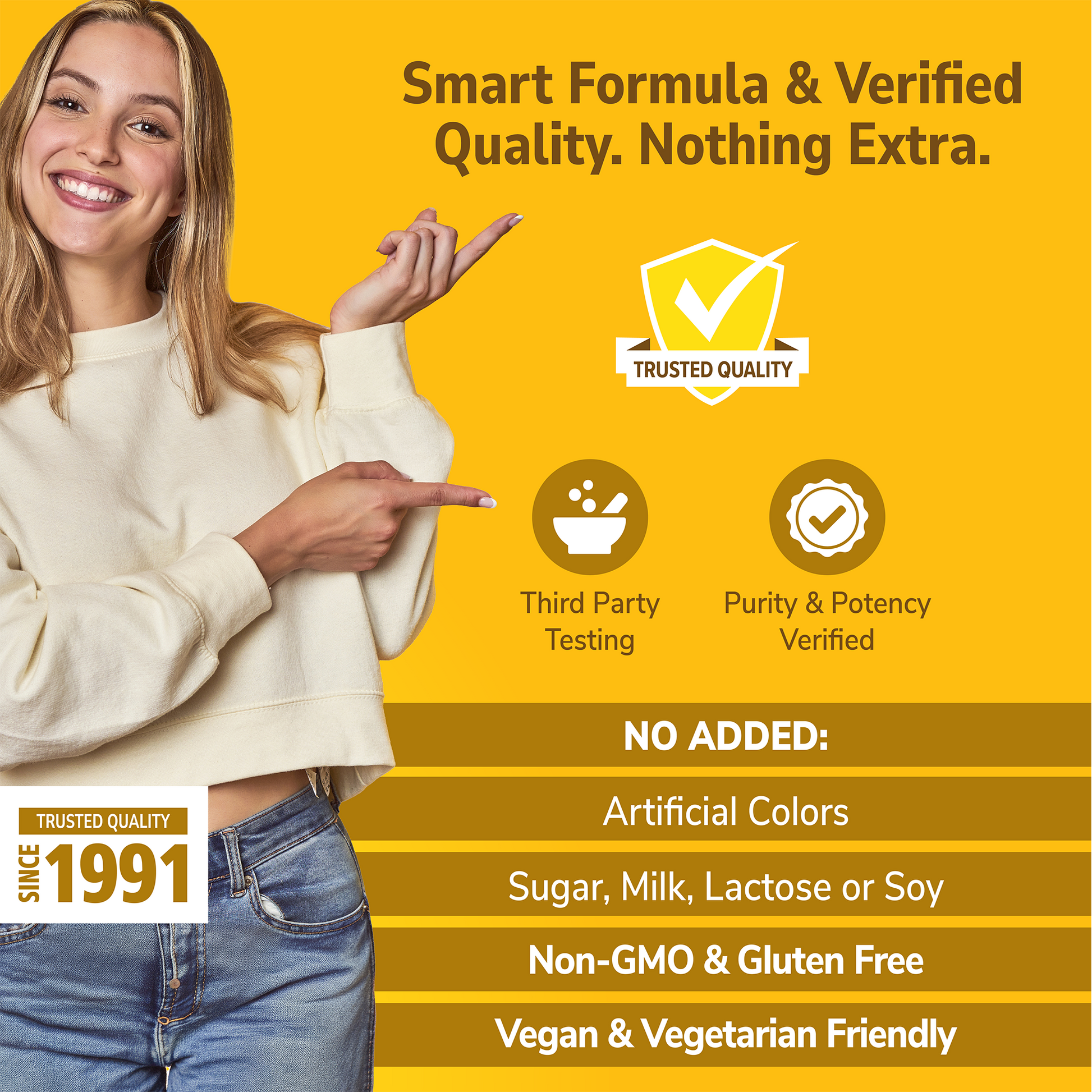 Woman holding her hand out with 'Good For You' branding on a gold background
