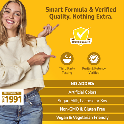 Woman holding her hand out with 'Good For You' branding on a gold background