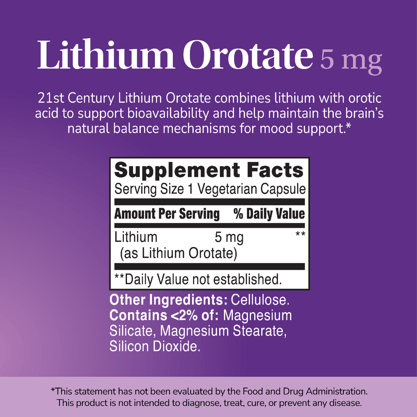 Supplement label for Lithium Orotate with ingredient list and serving size on a purple background