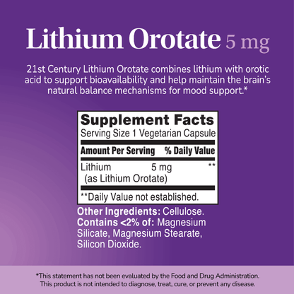 Supplement label for Lithium Orotate with ingredient list and serving size on a purple background