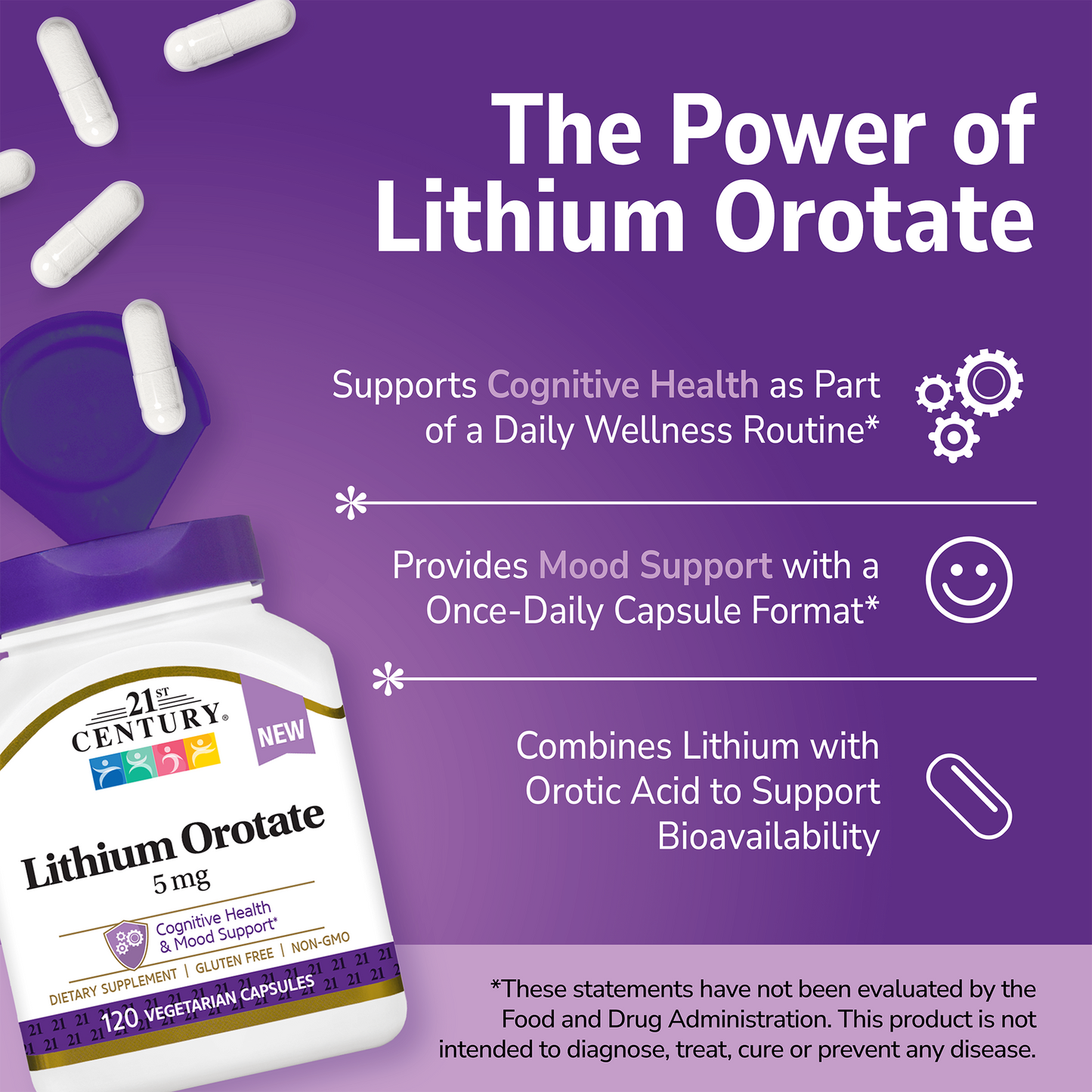 21st Century Lithium Orotate supplement bottle with pills spilling out and white text on a purple background