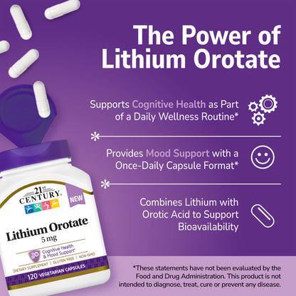 21st Century Lithium Orotate supplement bottle with pills spilling out and white text on a purple background