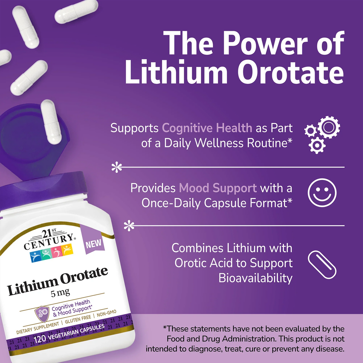 21st Century Lithium Orotate supplement bottle with pills spilling out and white text on a purple background
