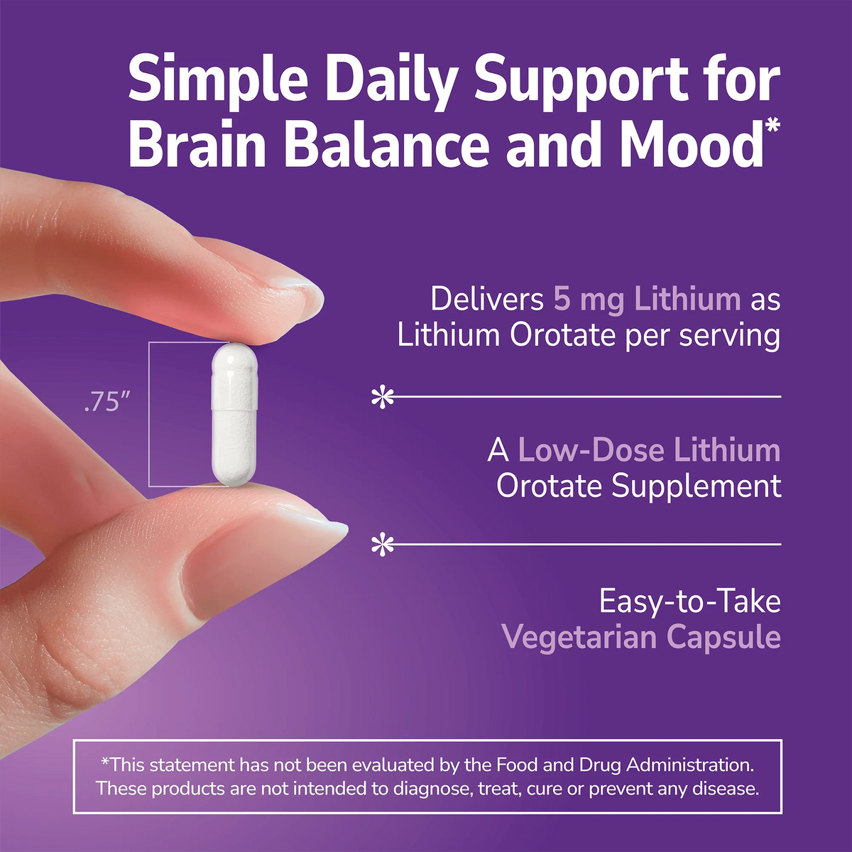 Hand holding a Lithium Orotate supplement with text about product benefits on a purple background